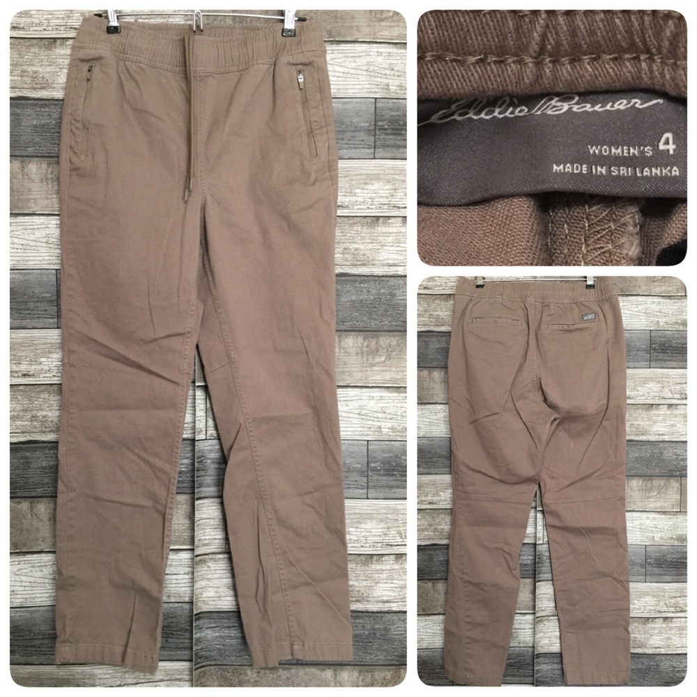 Eddie Bauer Chino Jogger Pants Women’s 4 Beige Tan Drawstring Zip Pockets